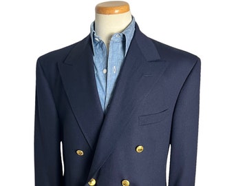 Vintage POLO RALPH LAUREN Blue Label Double-Breasted Navy Blazer ~ size 44 R ~ jacket / sport coat ~ Gold Buttons ~ 1980s / 1990s