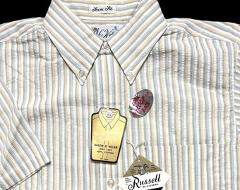 NEW w/ Tags ~ Vintage 1950s/1960s Short-Sleeve Button-Down Seersucker Shirt ~ size S ~ Sir Walter ~ OCBD ~ Preppy / Ivy Style / Trad