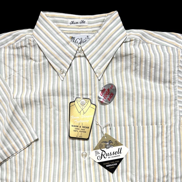 NEW w/ Tags ~ Vintage 1950s/1960s Short-Sleeve Button-Down Seersucker Shirt ~ size S ~ Sir Walter ~ OCBD ~ Preppy / Ivy Style / Trad