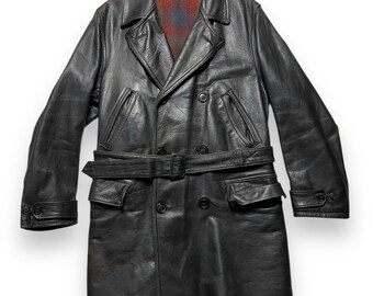 Vintage 1930s WICKMAN SPORTS GARMENT Horsehide Barnstormer Coat ~ 42 ~ Belted Jacket ~ Work Wear ~ Double Breasted ~ Railroad / Engineer