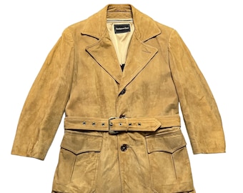 Vintage 1970s NORDSTROM Suede Leather Jacket ~ size S to M (Short) ~ Belted Coat ~ Safari ~ Norfolk ~ Zip-In Lining ~ Buckskin