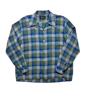 Vintage 1950s/1960s DOMINION CLOTH Rayon Sport Shirt ~ XL ~ Plaid