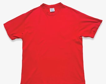 Vintage 1990s HANES Blank Red T-Shirt ~ L ~ Plain / Basic Tee ~ Cotton / Beefy-T ~ Soft / Thin / Faded / Worn-In ~ Single Stitch