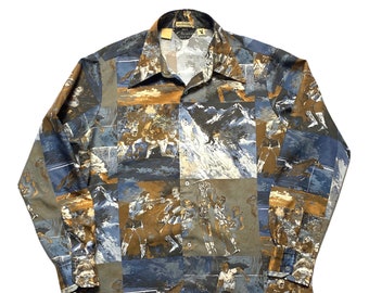 RARE millésime des années 1970 Chemise Et Cie x PLAYBOY Bouton-Up Shirt ~ XL ~ LeRoy Neiman Collage Print ~ 70s Sports Photo