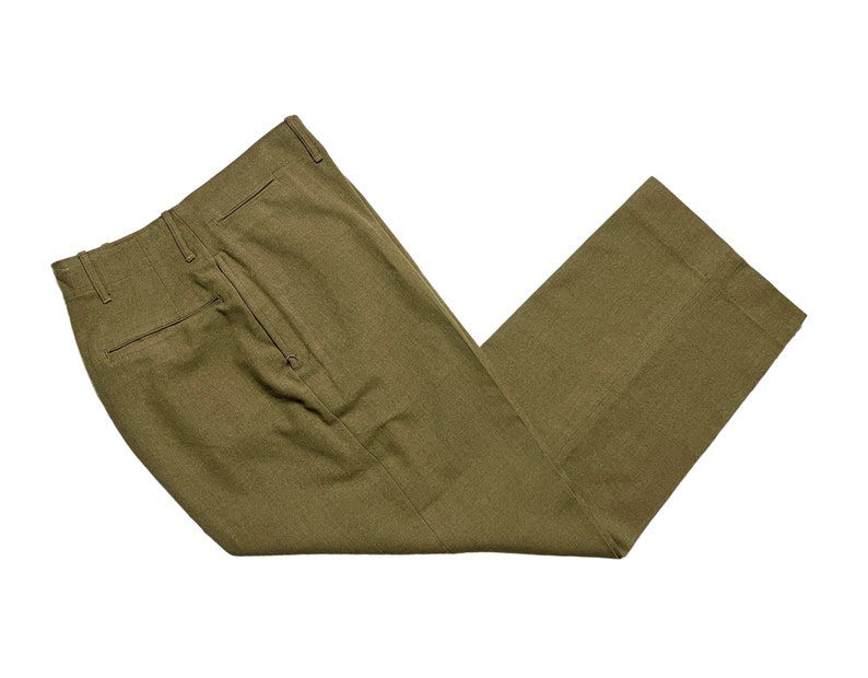 Vintage WWII US Army OD Wool Field Trousers / Pants measure 31.5 Waist Button-Fly Military Uniform 1940s / 40s 31 32 Waist image 1