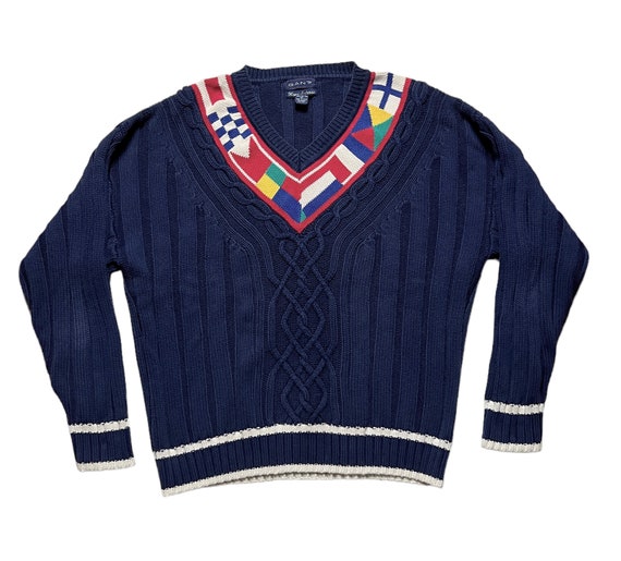 Vintage 1990s GANT Hand Intarsia Cable Knit V-Nec… - image 1