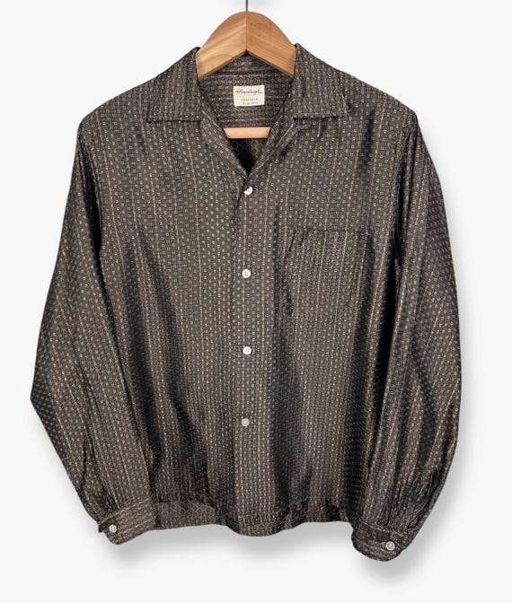 Vintage 1950s Pennleigh Acetate Sport Shirt ~ M ~ Loop / Camp Collar ~ VLV / Elvis / Gene Vincent ~ Atomic / Embroidered