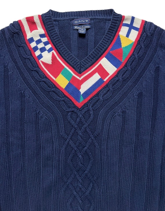 Vintage 1990s GANT Hand Intarsia Cable Knit V-Nec… - image 2