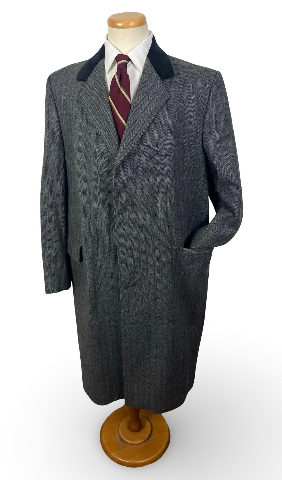 Daks, Vintage 1970s DAKS Wool Chesterfield Herringbone Overcoat ~ size 44 Long ~ Topcoat / Trench Coat ~ Velvet Collar ~ Made in England