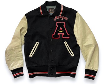 Vintage 1960s WHITING Wool & Leather VARSITY Jacket w/ Chenille Patch ~ size 38 / S to M ~ Letterman ~ Chainstitched ~ "Aragon"