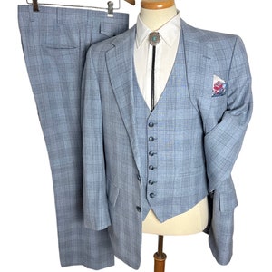 Vintage 1970s 3pc Glen Plaid Suit size 40 Long vest / jacket / pants Bootcut / Flare Leg Trousers Mod / Western Wedding 3 Piece image 2