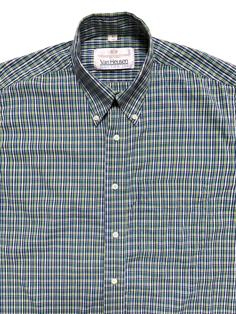 Vintage Made in England VAN HEUSEN Oxford Cloth Button-Down Shirt size M Broadcloth Plaid image 2