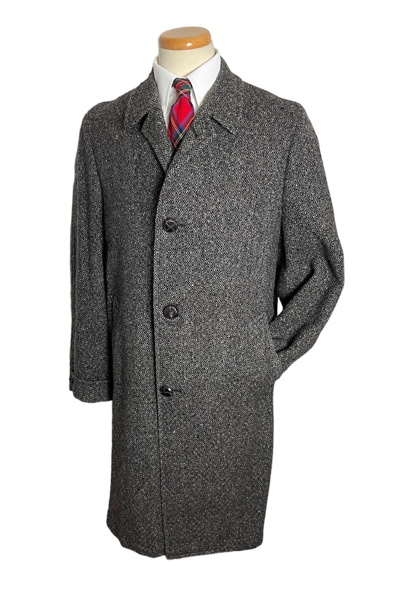 Vintage 1950s Wool WATER-MILL TWEED Balmacaan Overcoat size 38 to 40 Long Trench Coat / Topcoat Donegal Varsity Town Clothes image 1