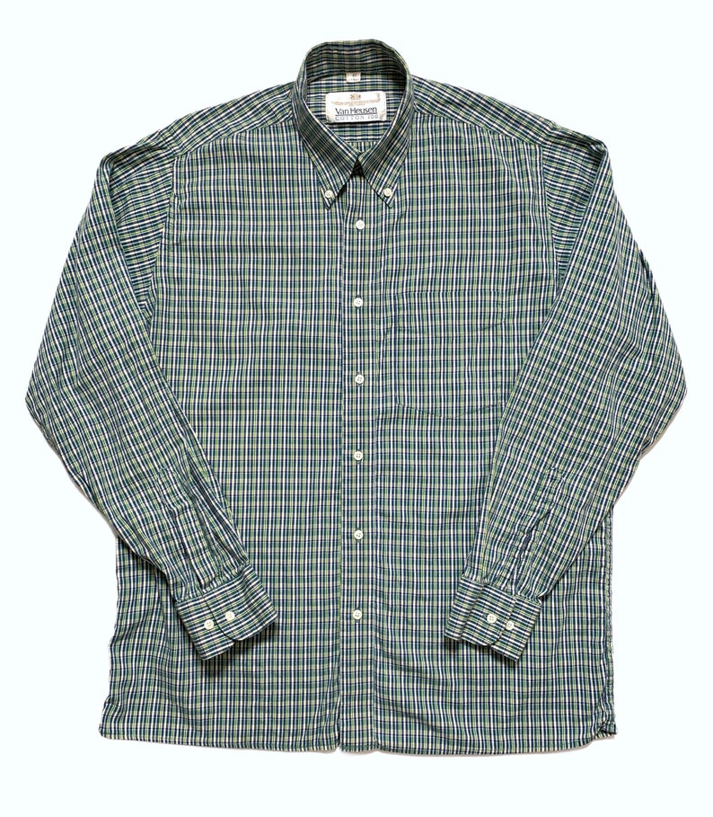 Vintage Made in England VAN HEUSEN Oxford Cloth Button-Down Shirt size M Broadcloth Plaid image 1