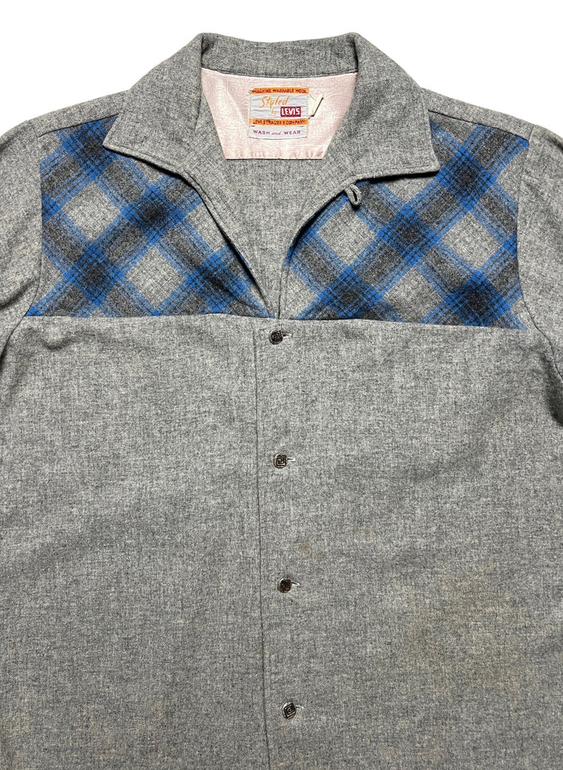 Vintage 1950s LEVI'S Wool Flannel Sport Shirt M Plaid Loop / Camp Collar Rockabilly Italian Collar Plaid Big E Era image 1