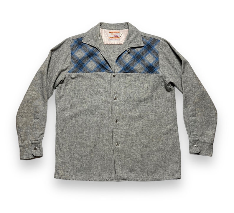 Vintage 1950s LEVI'S Wool Flannel Sport Shirt M Plaid Loop / Camp Collar Rockabilly Italian Collar Plaid Big E Era image 2