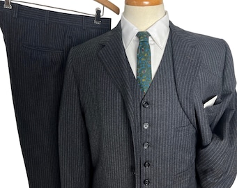 Vintage 1950s BROOKS BROTHERS "346" Wool Flannel 3pc Chalk Stripe Sack Suit ~ 38 R ~ vest / waistcoat ~ pants / jacket / sport coat ~ 50s