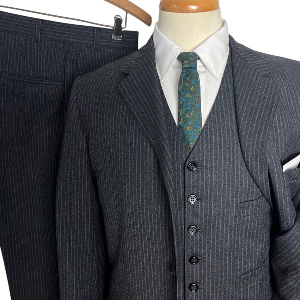 Vintage 1950s BROOKS BROTHERS "346" Wool Flannel 3pc Chalk Stripe Sack Suit ~ 38 R ~ vest / waistcoat ~ pants / jacket / sport coat ~ 50s