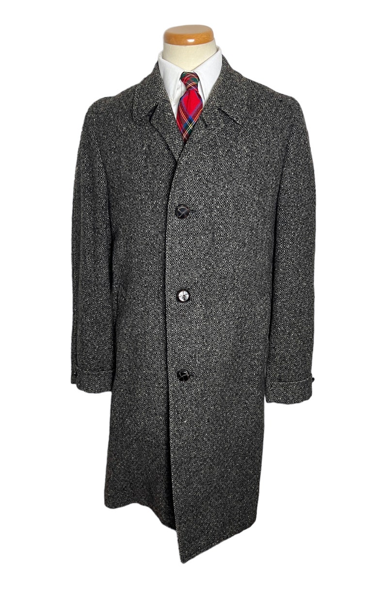 Vintage 1950s Wool WATER-MILL TWEED Balmacaan Overcoat size 38 to 40 Long Trench Coat / Topcoat Donegal Varsity Town Clothes image 5