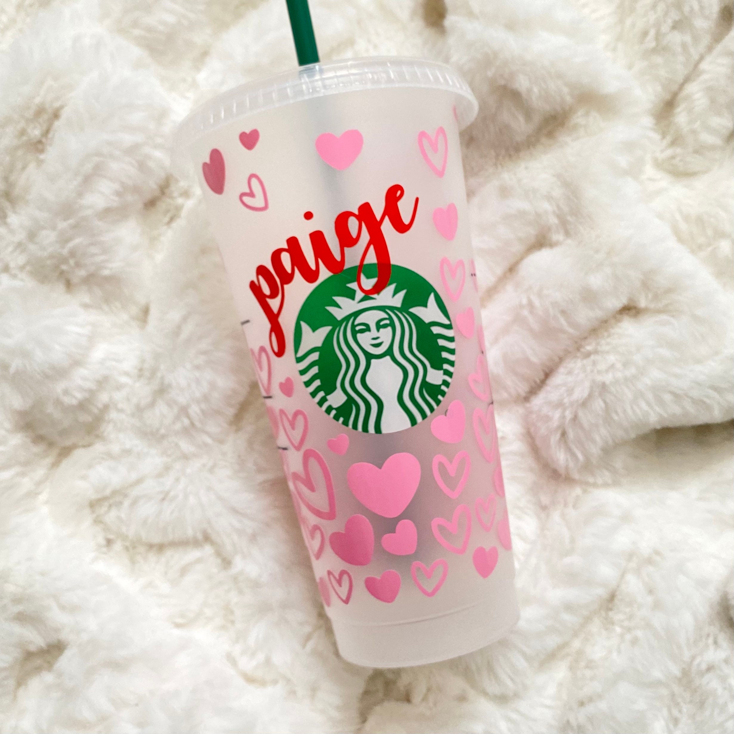 PINK HEARTS PERSONALISED | Personalized | Starbucks cup | Custom | Reusable  | Iced coffee | Love | Christmas | Venti | Birthday |Tumbler 