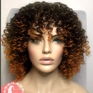 Golden Brown Wig Bangs, Curly Synthetic Wig, Curly Ombré Wig, Synthetic Wigs, Ombre Wig with Bangs, Heat Resistant Wigs