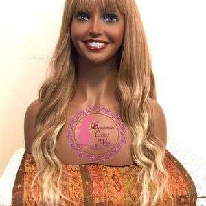 Strawberry Blonde Ombre Wavy Wig with Bangs: Heat Resistant Synthetic Hair, 28-30&quot;