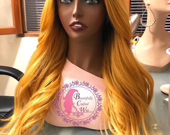 Peluca frontal de encaje amarillo con raíces de 66 cm, cabello sintético resistente al calor