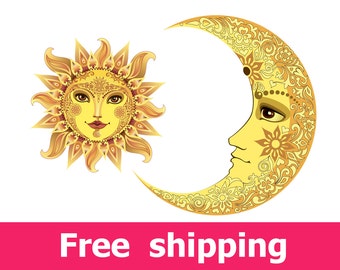 abstract sun wall decal, colorful moon wall sticker, yellow sun decal nursery poster moon print gift sun wall decor home decoration [FL066]