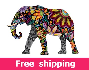 Elephant wall decal, nursery wall sticker elephant wall art, floral elephant decal wall decor vinyl animal sticker abstract colorful [FL072]
