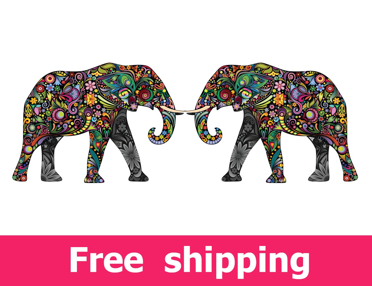 Elephants Decal Set, Kids Wall Sticker Elephants Art, Floral Elephant