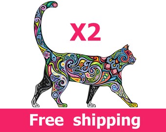 2 abstract cat wall decals, elegance cat wall decal, design cat wall sticker removable vinyl animal kitten. cats wall art kitten pet [FL087]