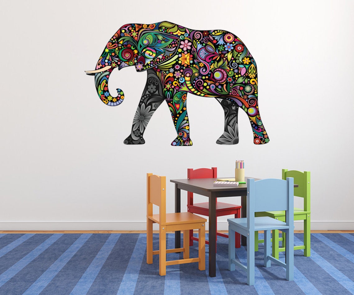 Elephant Decal, Kids Wall Sticker Elephant Art, Floral Elephant Wall