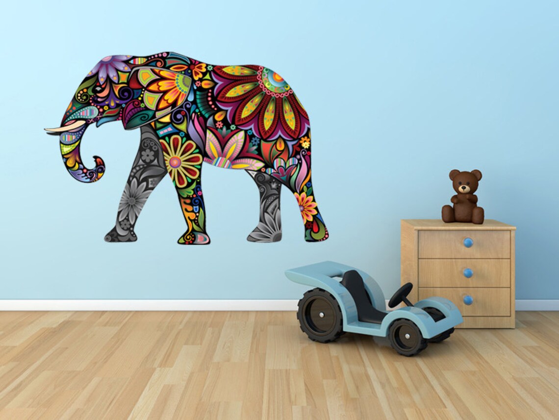 Elephant Wall Decal, Nursery Wall Sticker Elephant Wall Art, Floral