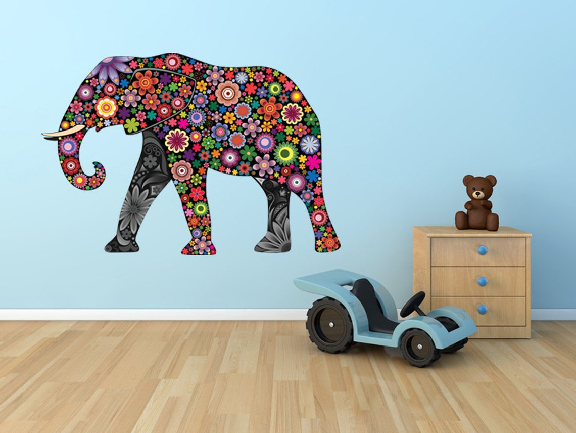 Elephant Wall Decal, Children Wall Sticker Elephants Art, Floral