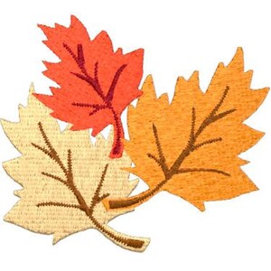 May include: Three autumn leaves in shades of orange, yellow, and red. The leaves are stitched together and have a brown stem.