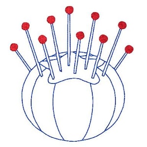 May include: A blue pincushion with a round shape and a white center. Ten red pins are stuck into the pincushion.