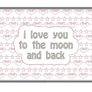 Patrón de diseño de tapete para taza con bordado a máquina In The Hoop ITH, 5 x 7, Te amo hasta la luna y de regreso