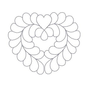 May include: A black and white line drawing of a heart shape with a feathered design. The heart is made up of two sets of feathers that are joined together at the top.