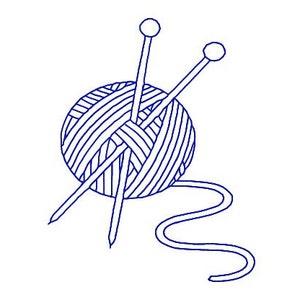 Op de afbeelding: Een blauwe lijntekening van een bol wol met twee breinaalden erin. Een streng garen loopt uit de bol. De afbeelding staat op een witte achtergrond. De illustratie is eenvoudig en strak, perfect voor knutselprojecten.