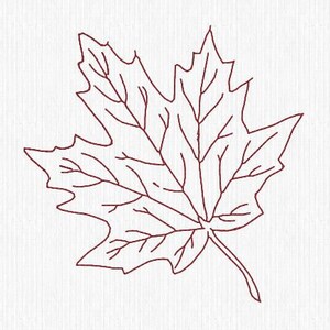 May include: A burgundy-colored maple leaf outline on a white background. The leaf's veins are clearly defined, and the stem extends downward. The design is simple and elegant, suitable for fall-themed crafts or decor.