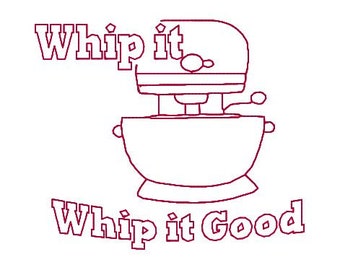 Redwork Machine borduurwerk ontwerppatroon theedoek Redwork keukenmixer Whip it Good keuken thema 4 x 4 en 5 x 7