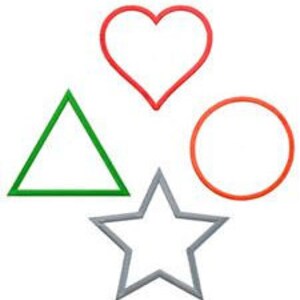 May include: Four colorful, geometric shapes: a red heart, a green triangle, an orange circle, and a gray star. Each shape is outlined with a solid color, creating a simple, clean design. The shapes are evenly spaced, with the heart at the top.