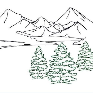 May include: A black and white line drawing of a mountain range with a river in the foreground. Three green pine trees are in the foreground.