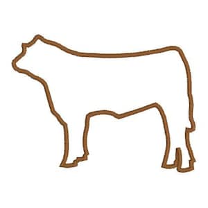 May include: A brown outline of a cow, standing on all four legs, facing to the left. The outline is a simple silhouette of a cow.