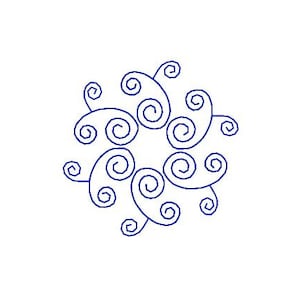 May include: A blue and white abstract design with a circular pattern of swirls.