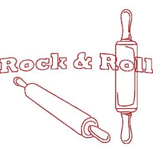 Redwork Machine Embroidery Design Pattern Tea Towel Rolling pins Rock and Roll Kitchen Theme
