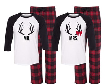 Mr and Mrs Christmas Pajamas, Matching Christmas pajama sets, Our First Christmas Pjs, flannel pajamas, couples pajamas, Mr Mrs Antler pjs