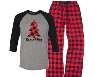 Christmas Pajamas, Personalized Christmas Tree Pajamas, Matching Family Pajamas, Buffalo Plaid Pajamas, Customized Pajamas, Christmas 2021