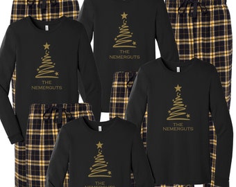 Christmas Tree Pajamas, Personalized Family Pjs, Matching Family Pajamas, Xmas sleepwear, Merry Christmas 2022, black gold flannel yellow