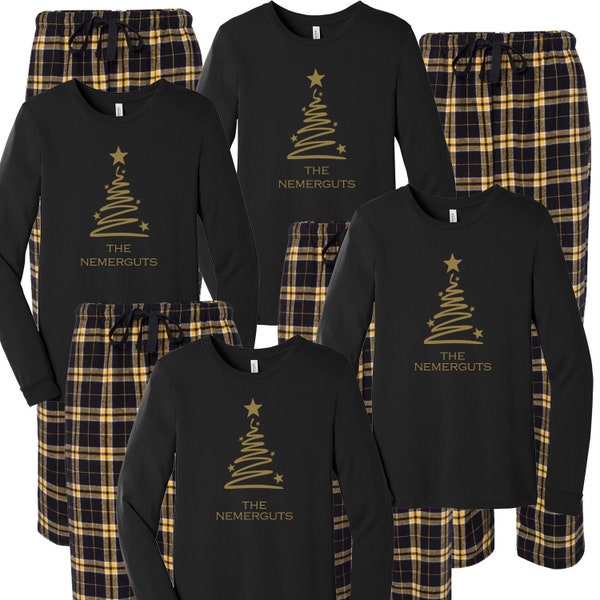 Christmas Tree Pajamas, Personalized Family Pjs, Matching Family Pajamas, Xmas sleepwear, Merry Christmas 2022, black gold flannel yellow